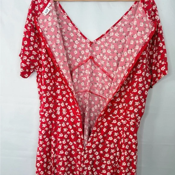 GAP Red Floral Short Sleeve Midi Dress Womens Size 16 V Neck Zip Back - Picture 7 of 9